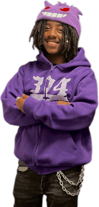 a young man with dreadlocks and a purple hoodie